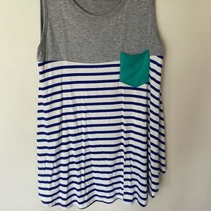 boutique medium tank top with stripes - teal, royal blue, grey, white